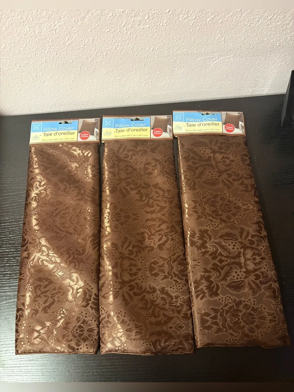 Set of 3 Brown Floral Damask 18x18 Decorative Pillow Covers New